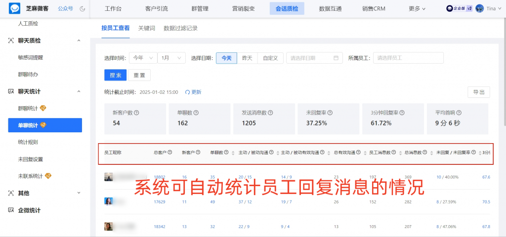 企业微信如何统计员工回复客户消息的情况？