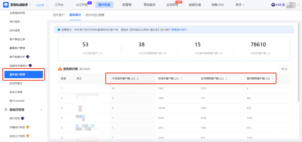 企微能统计主动流失/被动流失客户数据吗?【流失客户提醒】在那里设置?