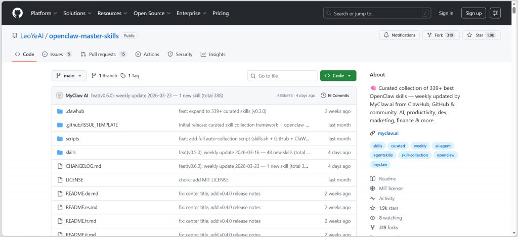 热门开源项目推荐：openclaw-master-skills：整理了387个优质OpenClaw技能