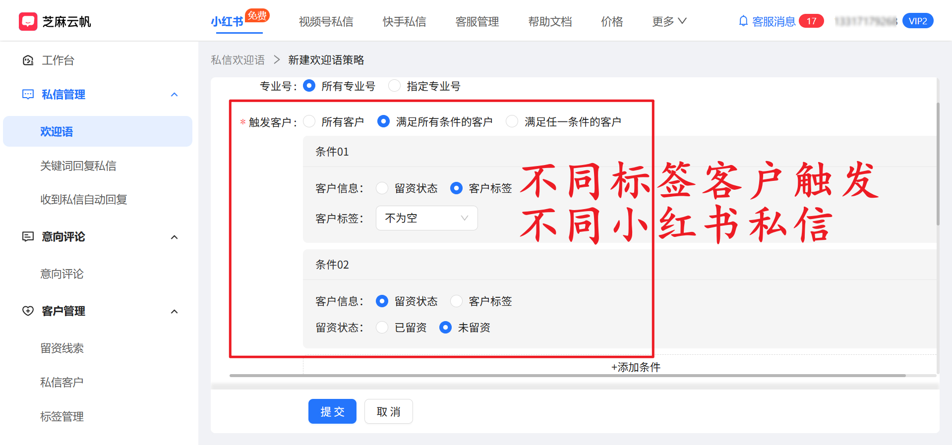 小红书私信客服系统：根据客户标签自动发送不同私信欢迎语